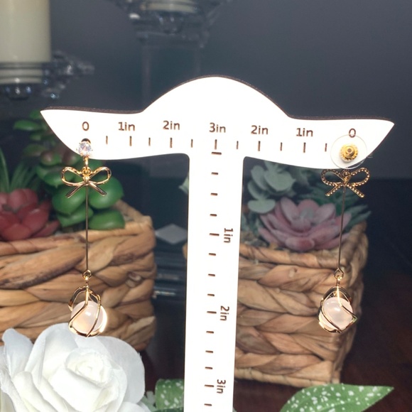 NEW 18K Gold Plated 925, Elegant Caged White Tiger’s Eye, Bow Drop Earrings - Picture 6 of 9